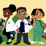 Illustrated graphic of children wearing health professional attire